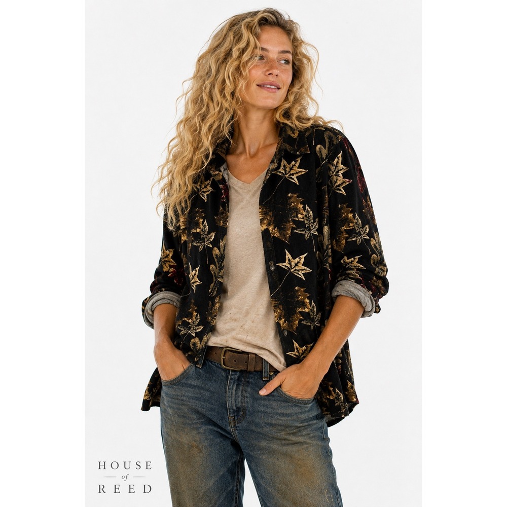 RedHead For Her Black Corduroy Autumn Leaf Print Button Down Shirt Medium